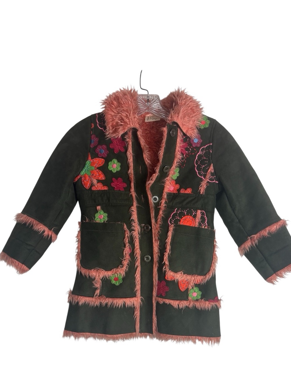 KINGKOW Hippie Girl Faux Fur Floral Embroidered Coat Size 6 -- well loved!!!